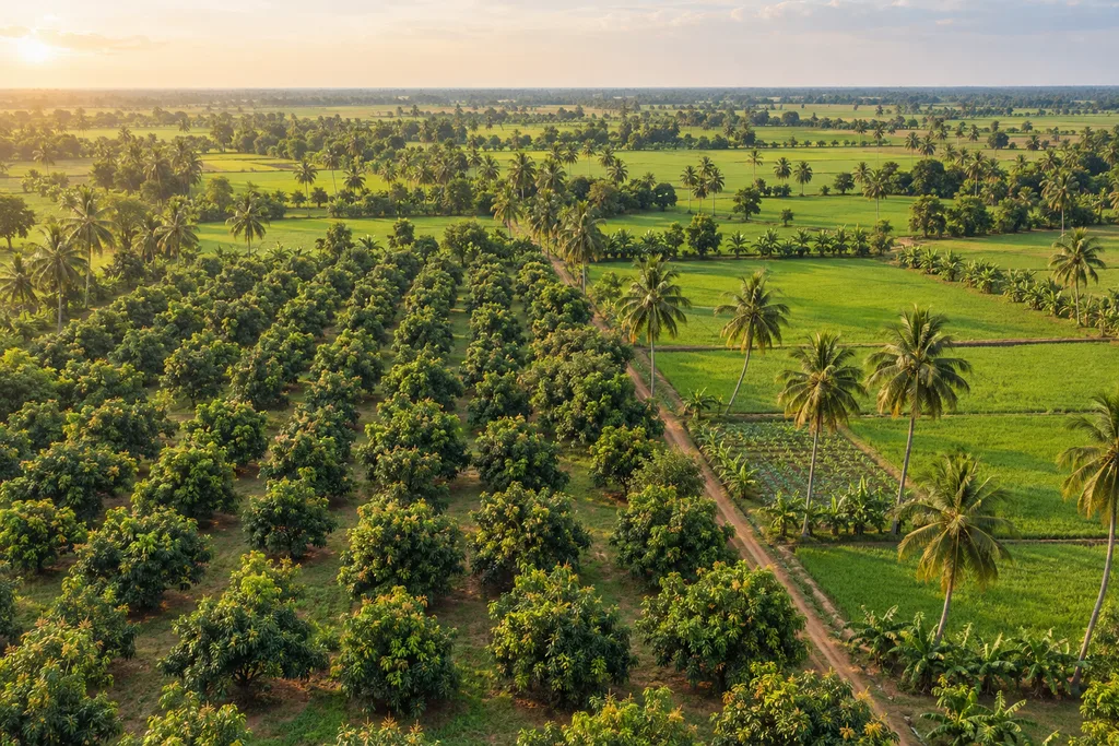 Illustrative aerial view of flat green farmland.
