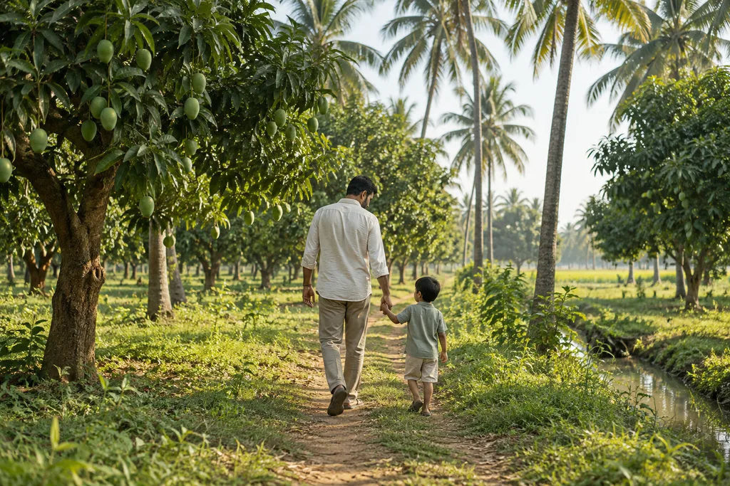 Illustrative father and child walking hand in hand through a sunlit mango orchard.
