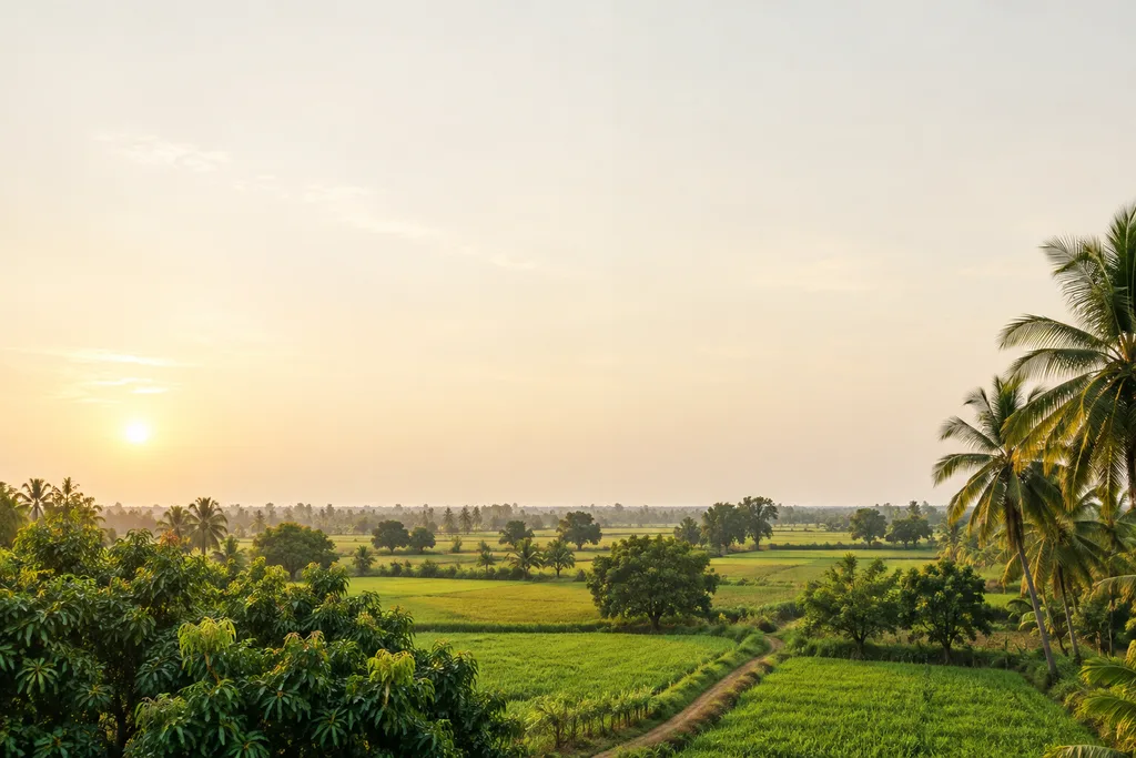 Illustrative flat farmland with coconut palms.